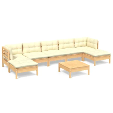 Salon de jardin 8 pcs avec coussins crème Bois de pin