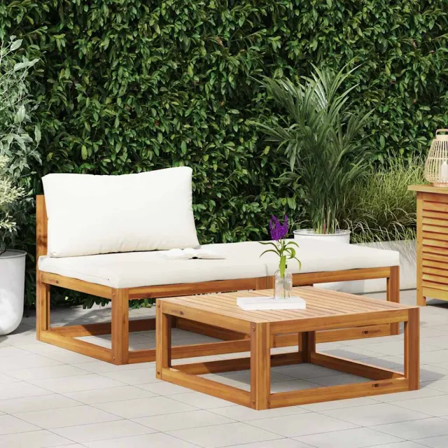 Salon de jardin 3 pcs avec coussins crème Bois d'acacia solide