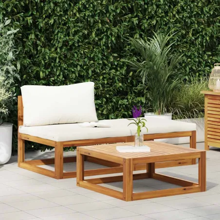 Salon de jardin 3 pcs avec coussins crème Bois d'acacia solide
