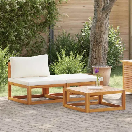 Salon de jardin 3 pcs avec coussins crème Bois d'acacia solide