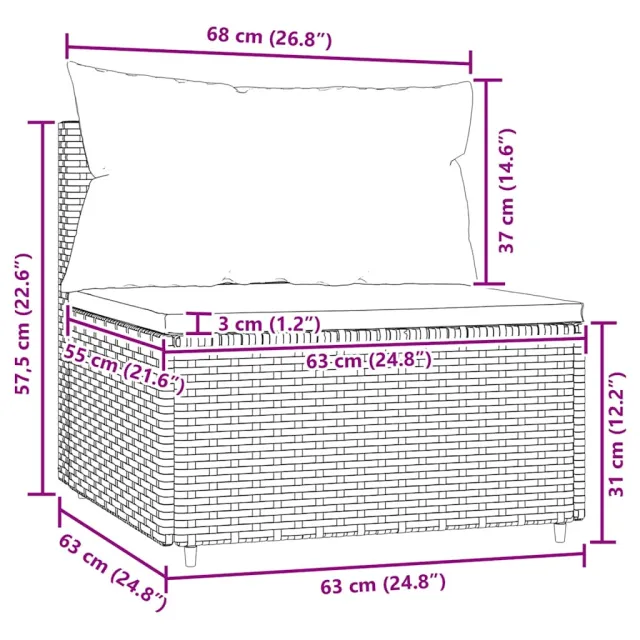 Canapé central de jardin avec coussins marron résine tressée