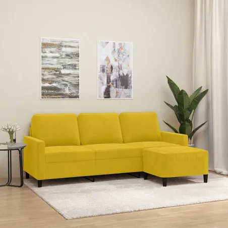 Canapé à 3 places avec repose-pieds jaune 180 cm velours