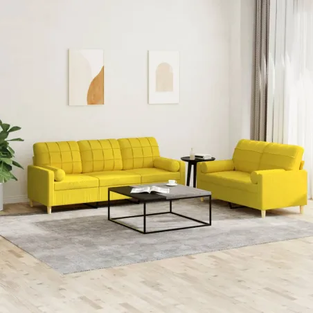 Ensemble de canapés 2 pcs avec coussins jaune clair tissu