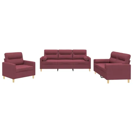 Ensemble de canapés 3 pcs avec coussins rouge bordeaux tissu