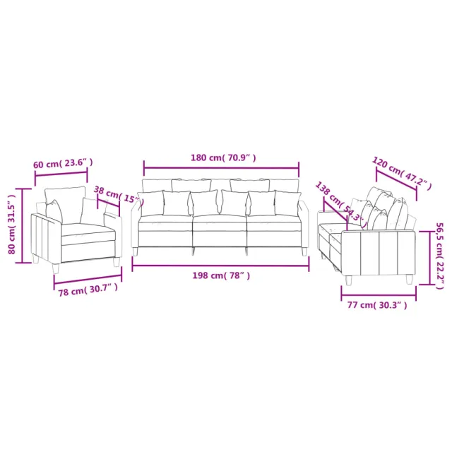 Ensemble de canapés 3 pcs avec coussins rouge bordeaux tissu