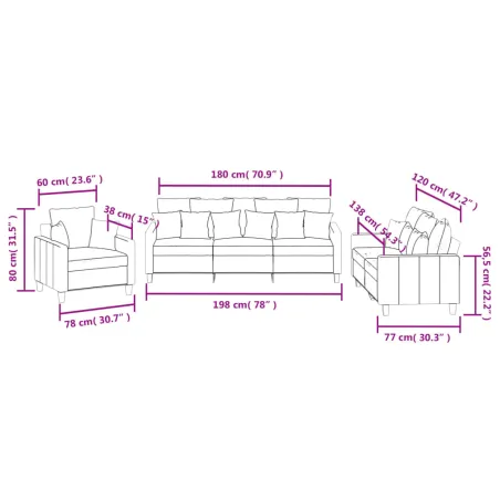 Ensemble de canapés 3 pcs avec coussins rouge bordeaux tissu