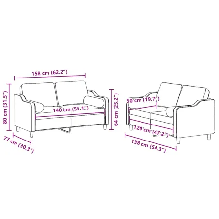 Ensemble de canapés 2 pcs avec coussins rouge bordeaux tissu