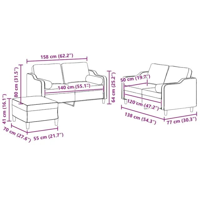 Ensemble de canapés 3 pcs coussins gris clair tissu