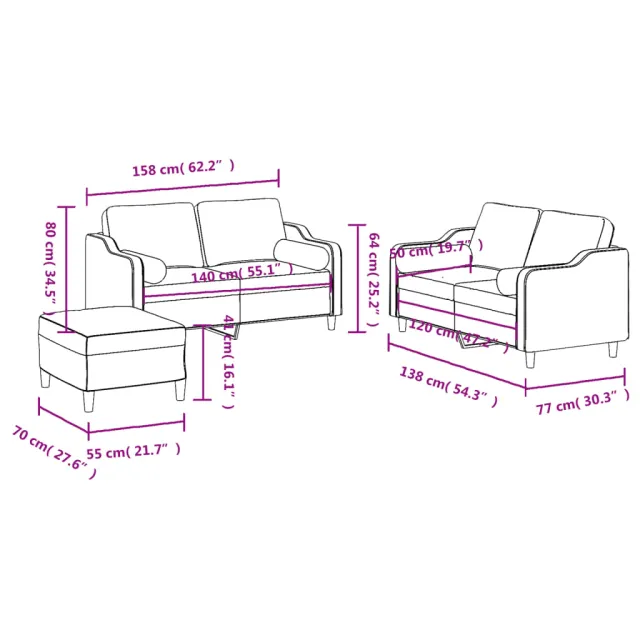 Ensemble de canapés 3 pcs avec coussins marron tissu