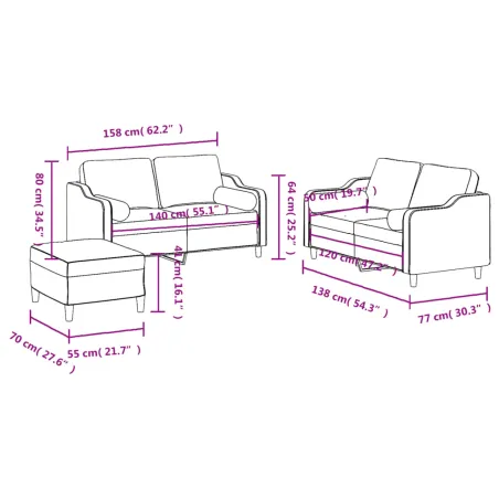 Ensemble de canapés 3 pcs avec coussins marron tissu