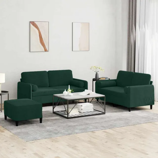 Ensemble de canapés 3 pcs avec coussins vert foncé velours