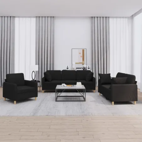 Ensemble de canapés 3 pcs avec coussins noir tissu