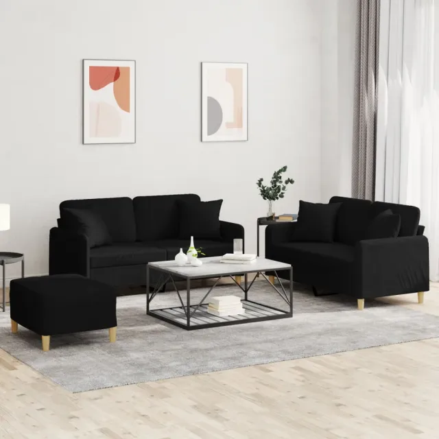 Ensemble de canapés 3 pcs avec coussins noir tissu