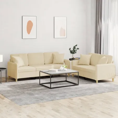 Ensemble de canapés 2 pcs avec coussins crème tissu