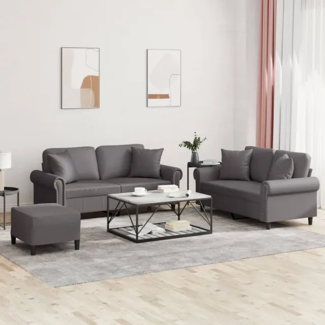 Ensemble de canapés 3 pcs avec coussins gris similicuir