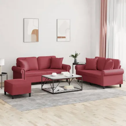 Ensemble de canapés 3 pcs et coussins rouge bordeaux similicuir