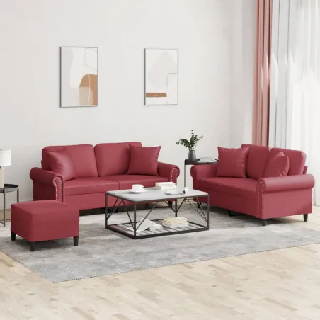 Ensemble de canapés 3 pcs et coussins rouge bordeaux similicuir
