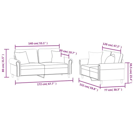 Ensemble de canapés 2 pcs avec coussins gris clair velours