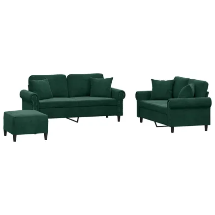 Ensemble de canapés 3 pcs avec coussins vert foncé velours 2