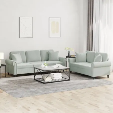 Ensemble de canapés 2 pcs avec coussins gris clair velours