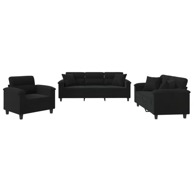 Ensemble de canapés 3 pcs avec coussins Noir Tissu microfibre