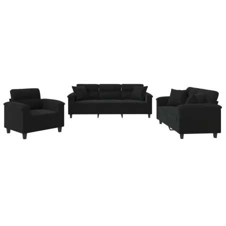 Ensemble de canapés 3 pcs avec coussins Noir Tissu microfibre