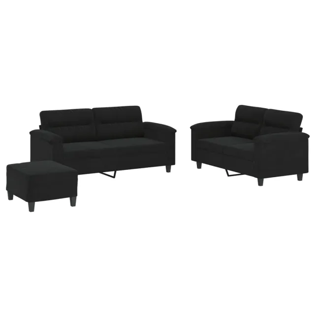 Ensemble de canapés 3 pcs avec coussins noir tissu microfibre