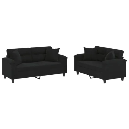 Ensemble de canapés 2 pcs avec coussins Noir Tissu microfibre 2