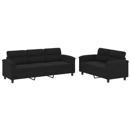 Ensemble de canapés 2 pcs avec coussins noir tissu microfibre 2