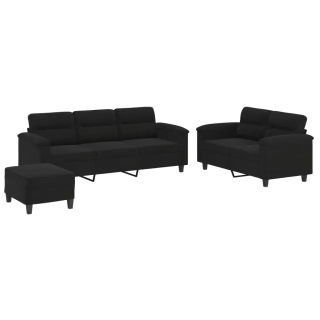 Ensemble de canapés 3 pcs avec coussins noir tissu microfibre