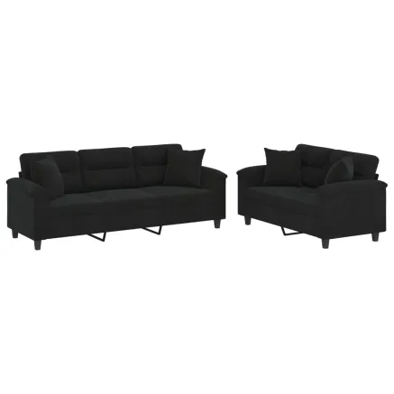Ensemble de canapés 2 pcs avec coussins Noir Tissu microfibre 2