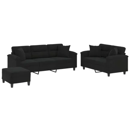 Ensemble de canapés 3 pcs avec coussins Noir Tissu microfibre 2