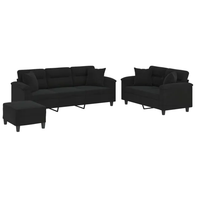 Ensemble de canapés 3 pcs avec coussins Noir Tissu microfibre