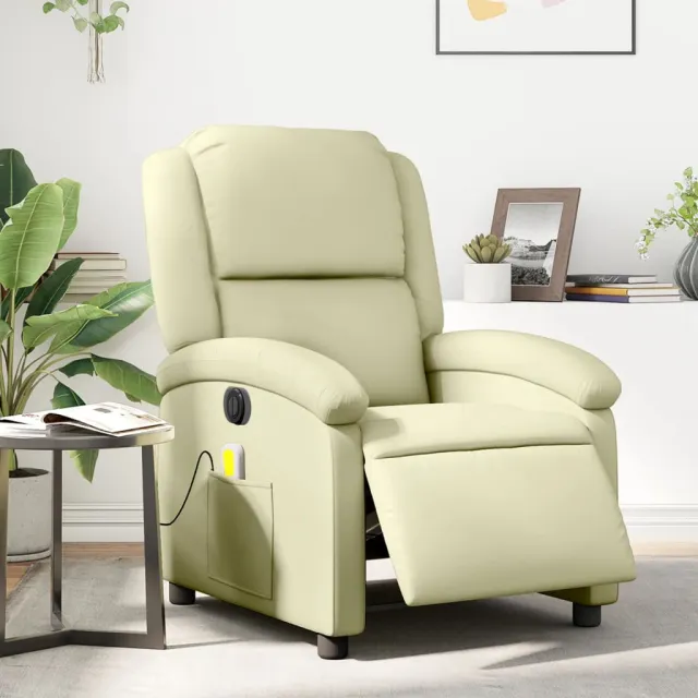 Fauteuil de massage inclinable électrique crème cuir véritable