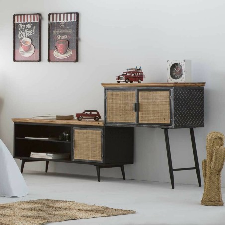 Credenza Alexandra House Living Marrone Nero Grigio Ferro Rattan Legno