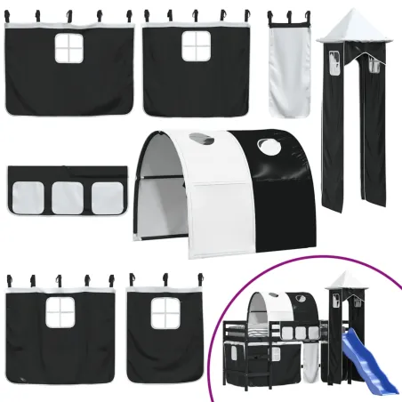 Lit mezzanine enfants et tour sans matelas blanc noir 80x200cm