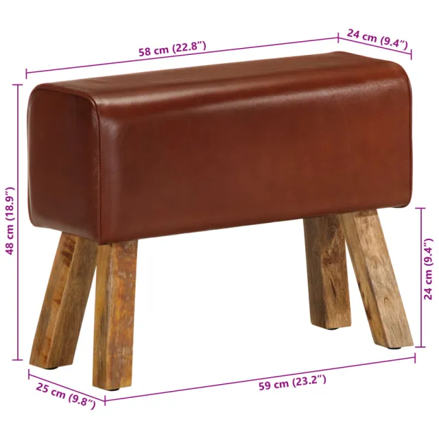 Banc saut de cheval 58 cm marron cuir véritable et manguier