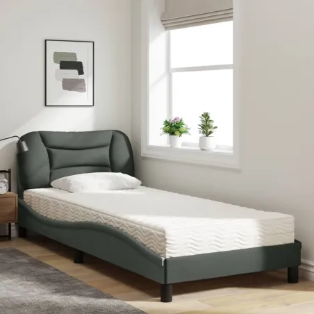 Lit avec matelas Hvar gris foncé 90x200 cm tissu