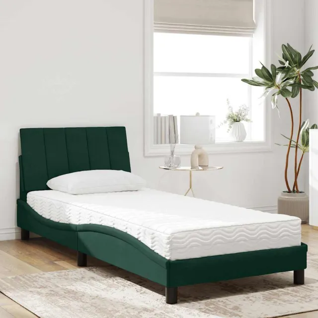 Lit avec matelas Hanko vert foncé 90x190 cm velours