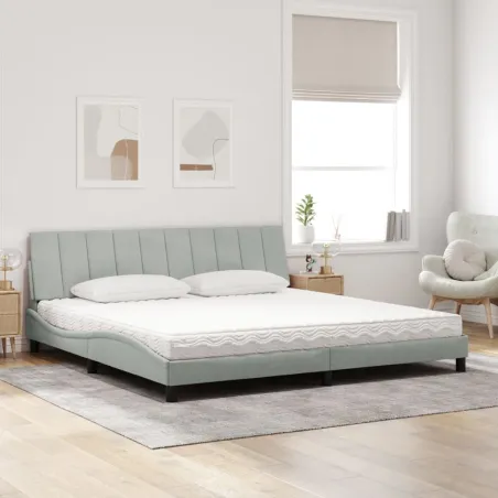 Lit avec matelas Hanko gris clair 200x200 cm velours