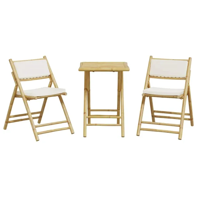 Ensemble de bistro pliante 3 pcs et coussins blanc crème bambou