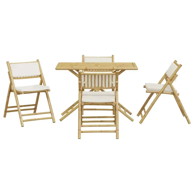 Ensemble de bistro pliante 5 pcs et coussins blanc crème bambou