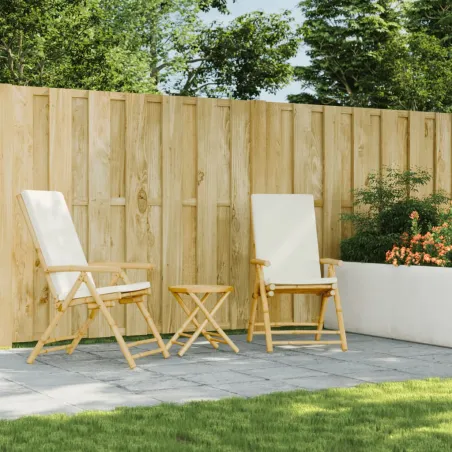 Ensemble de bistro pliante 3 pcs et coussins blanc crème bambou