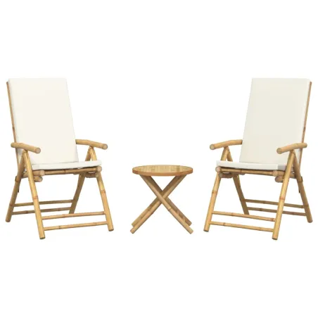 Ensemble de bistro pliante 3 pcs et coussins blanc crème bambou