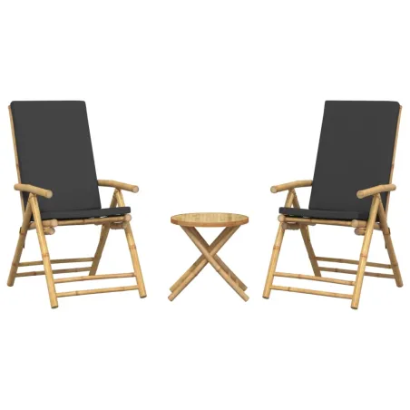 Ensemble de bistro pliante 3 pcs et coussins gris foncé bambou