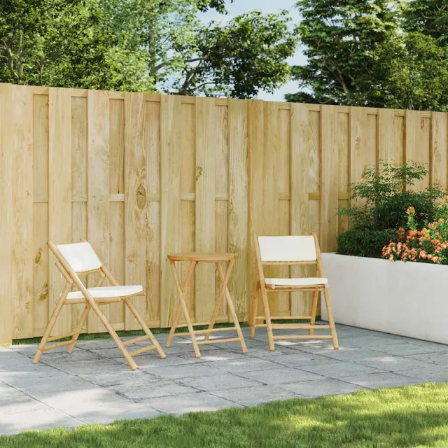 Ensemble de bistro pliante 3 pcs et coussins blanc crème bambou