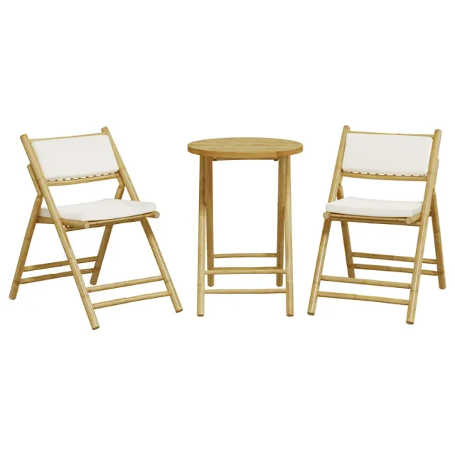 Ensemble de bistro pliante 3 pcs et coussins blanc crème bambou