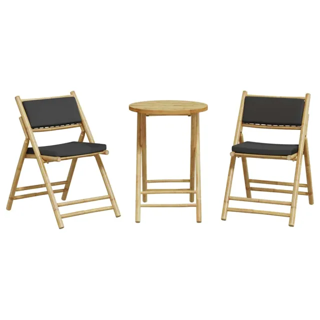 Ensemble de bistro pliante 3 pcs et coussins gris foncé bambou