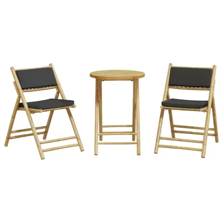 Ensemble de bistro pliante 3 pcs et coussins gris foncé bambou
