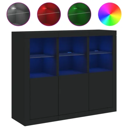 Buffets avec lumières LED 3 pcs noir bois d'ingénierie 2